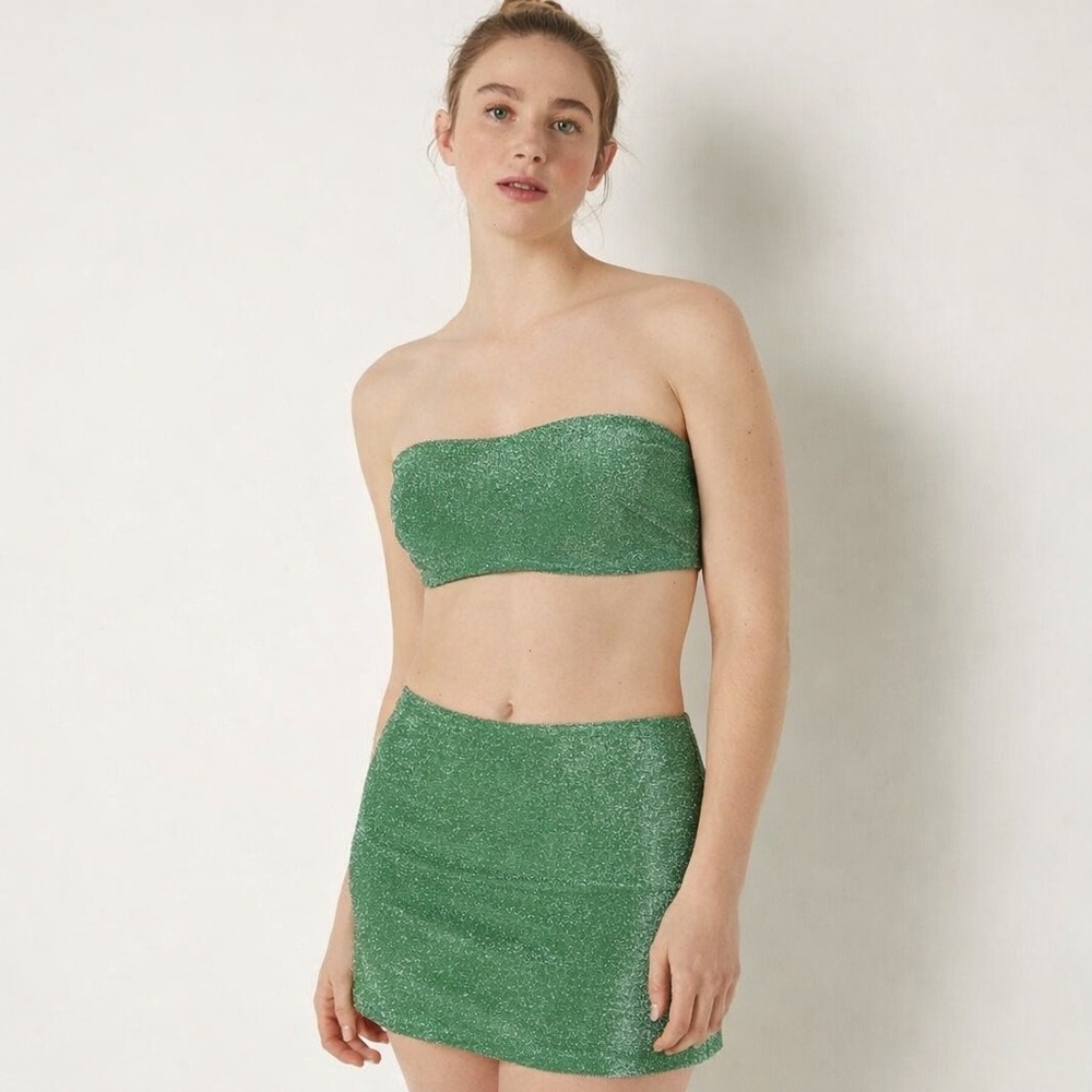 PINK Victoria's Secret Green Glitter Bandeau Top and Mini Swim Skirt Set‎ Size L